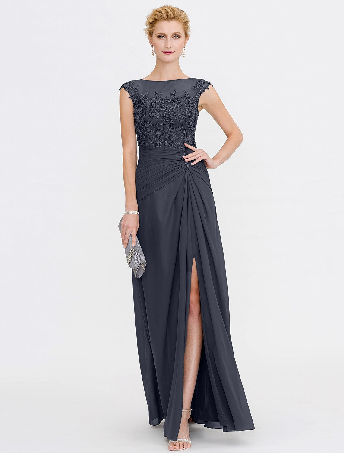Detail of the bateau neckline and sleeveless design on the formal gown.