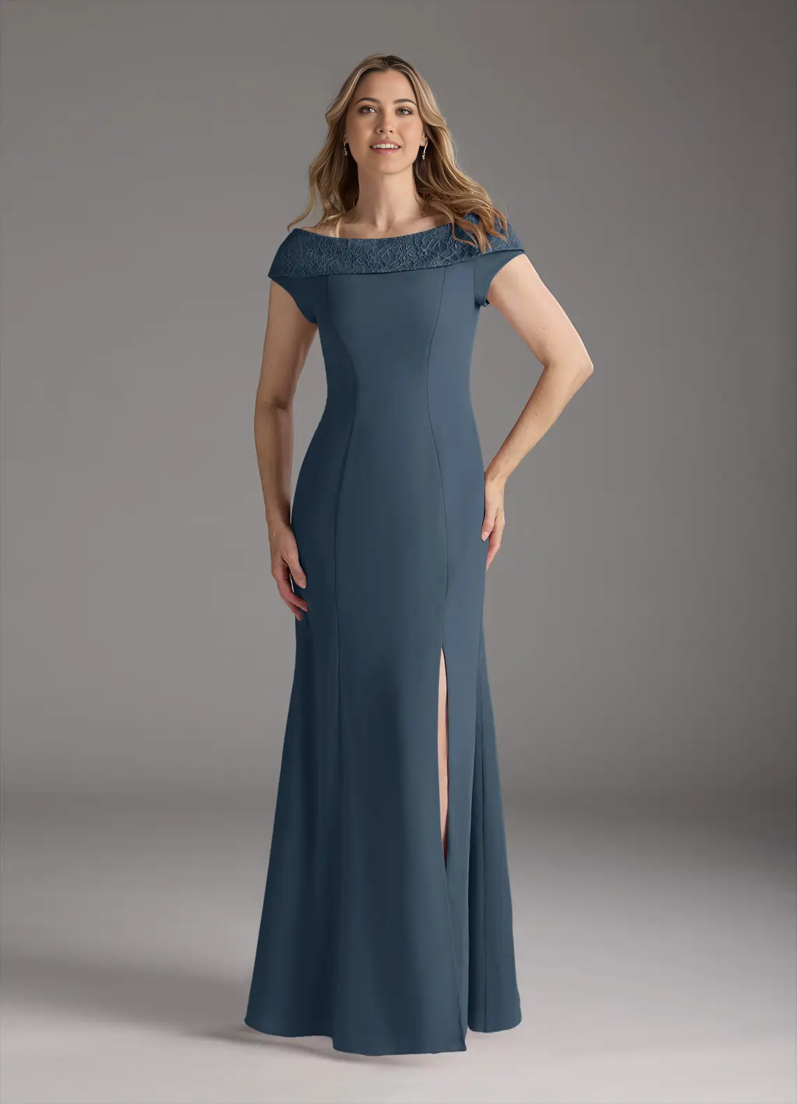 Elegant A-line boatneck lace chiffon dress for mother of the bride.
