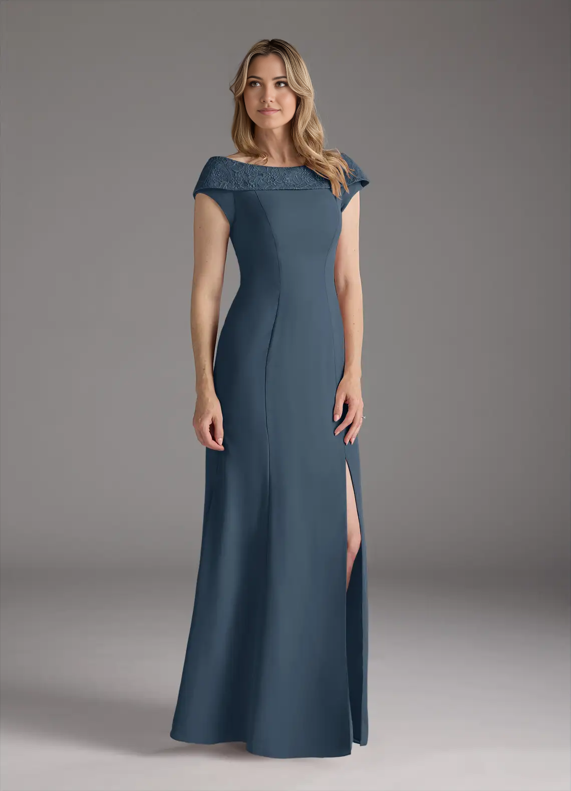 Back view of A-line boatneck lace chiffon formal dress.