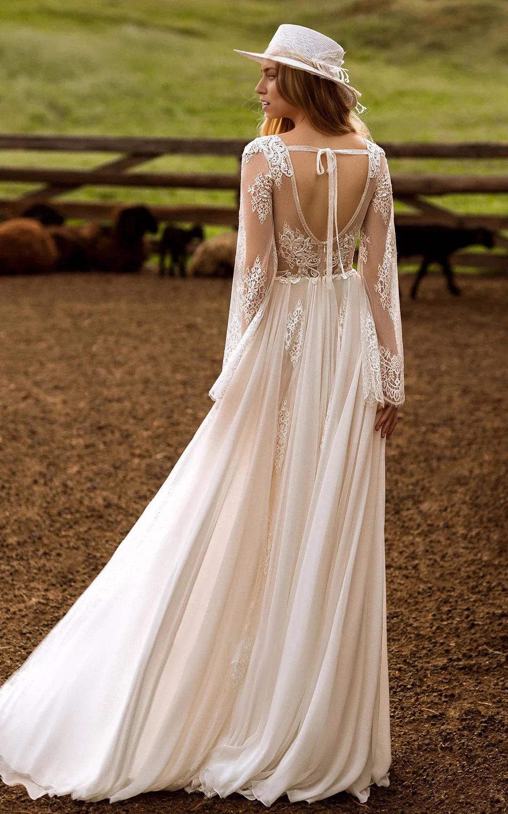 Back view of A-Line wedding dress showcasing the sweep train.