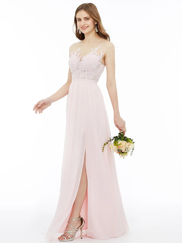 Elegant A-line bridesmaid dress with illusion neckline and floral lace details.