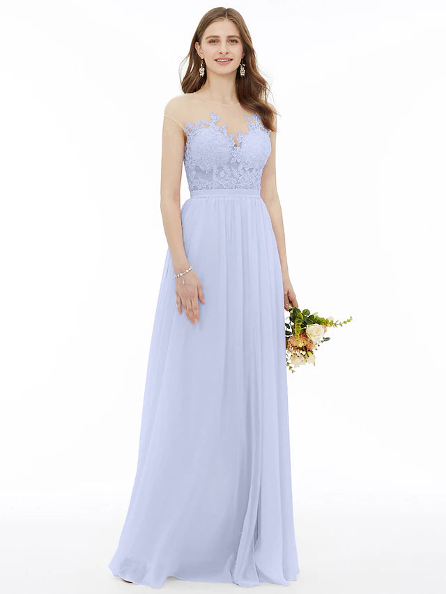 Back view of a floor-length chiffon and lace bridesmaid gown.