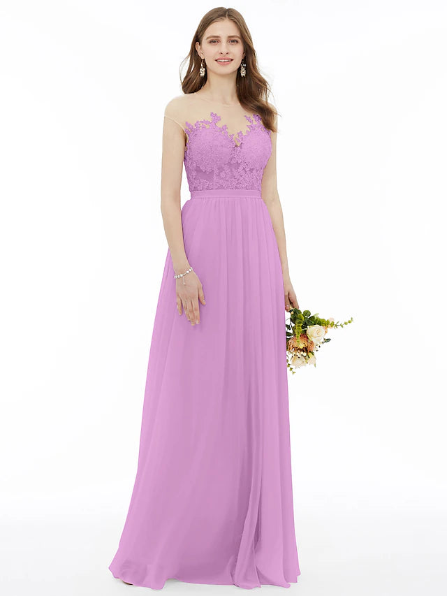 Sleeveless A-line dress for bridesmaids, showing illusion detail.