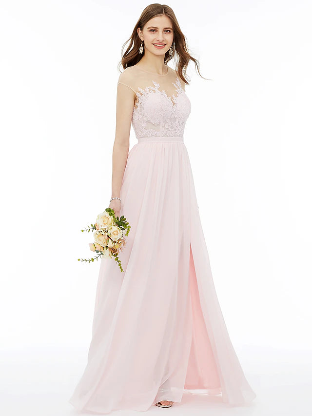 Side view of a formal bridesmaid dress with sash and appliques.