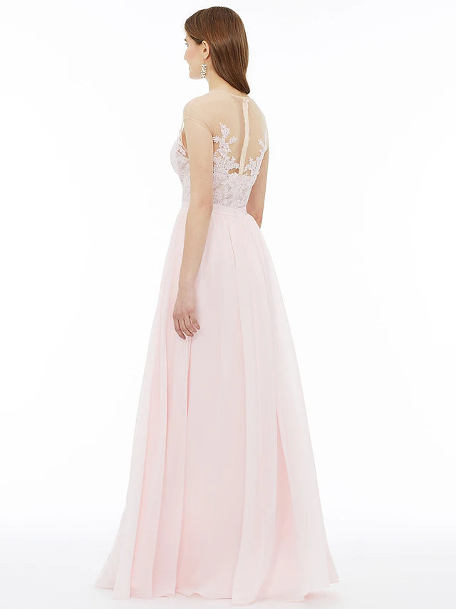 Close-up of the illusion neckline and floral lace on the bridesmaid dress.