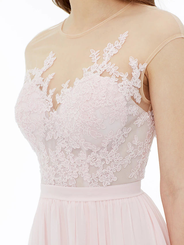 Full length view of the A-line chiffon bridesmaid dress.