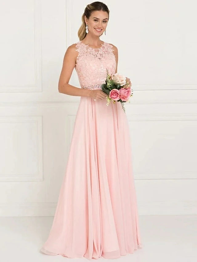 Elegant A-line bridesmaid dress with jewel neck and lace details.