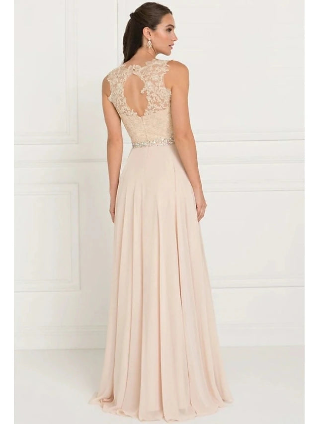 Back view of a sleeveless A-line bridesmaid dress with sweep train.