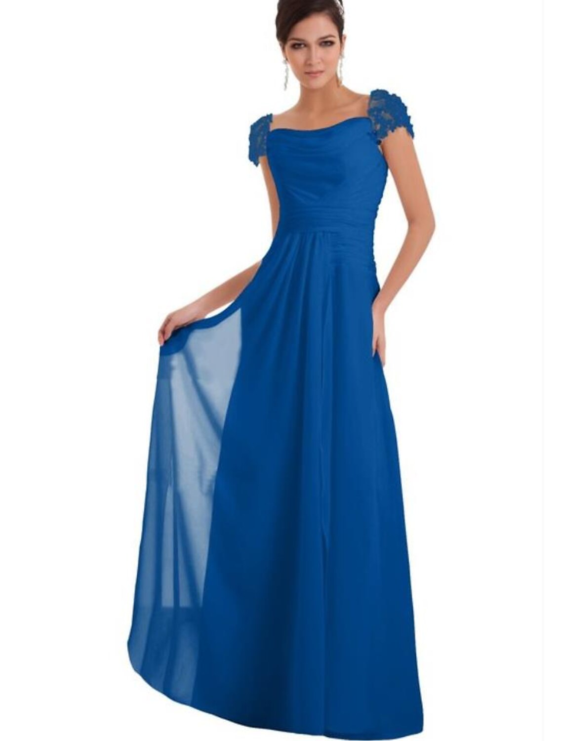 Model wearing an elegant A-Line bridesmaid dress with square neck and short sleeves.