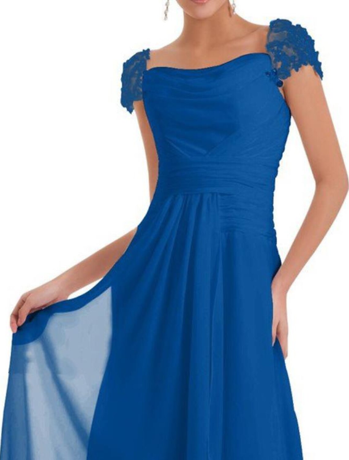 Side profile of the floor-length A-Line bridesmaid gown.