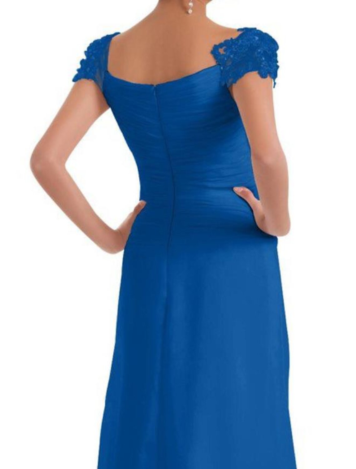 Close-up of the lace detail on the square neck bridesmaid dress.