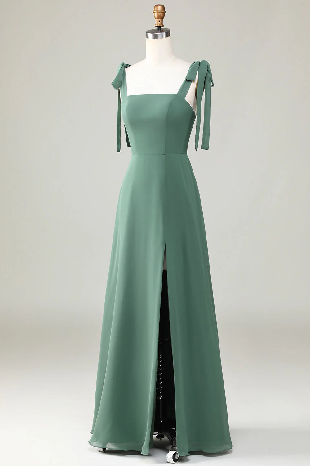 Close-up of the A-line bridesmaid dress fabric and the detail of the thigh slit.