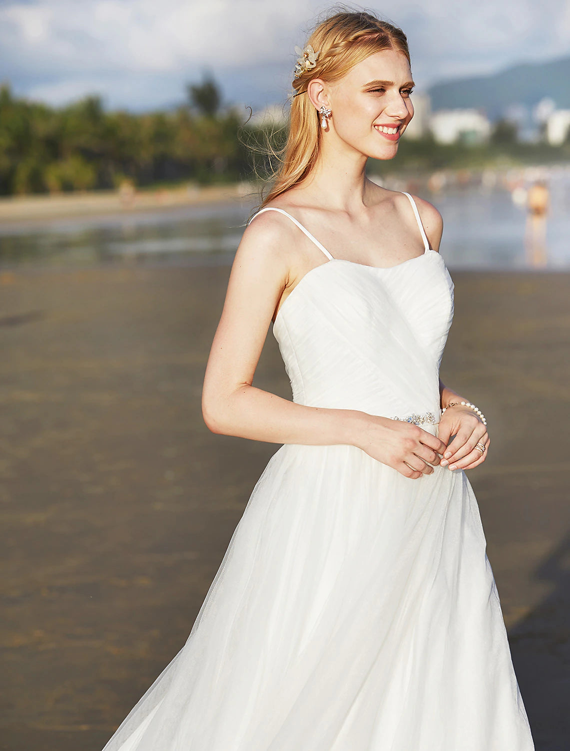 Close-up of the A-Line chiffon wedding dress fabric.