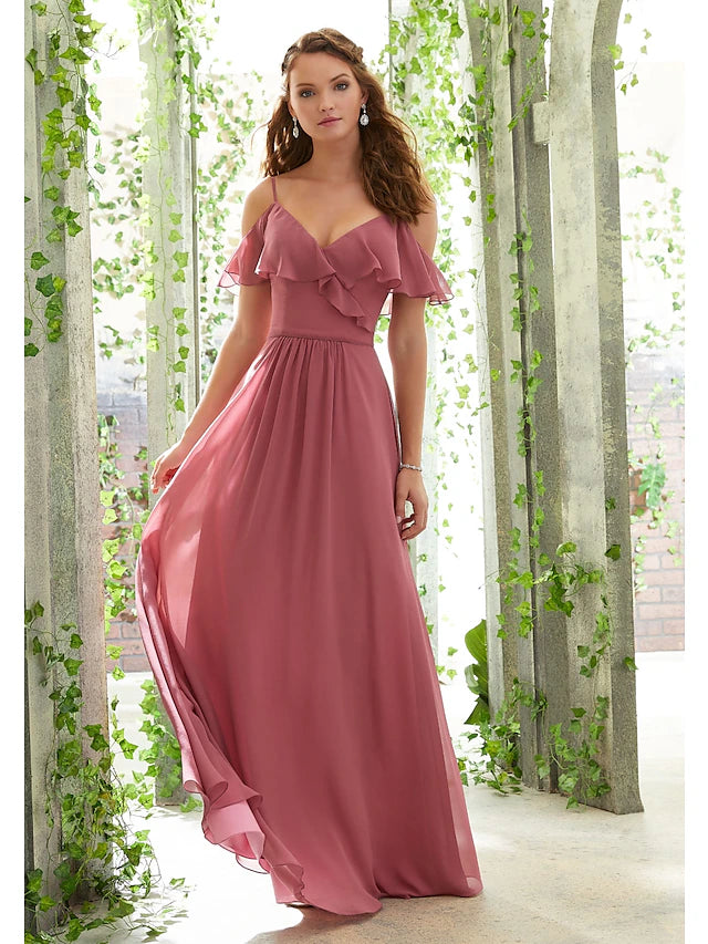 Back view of A-Line bridesmaid dress showing open back and ruching.