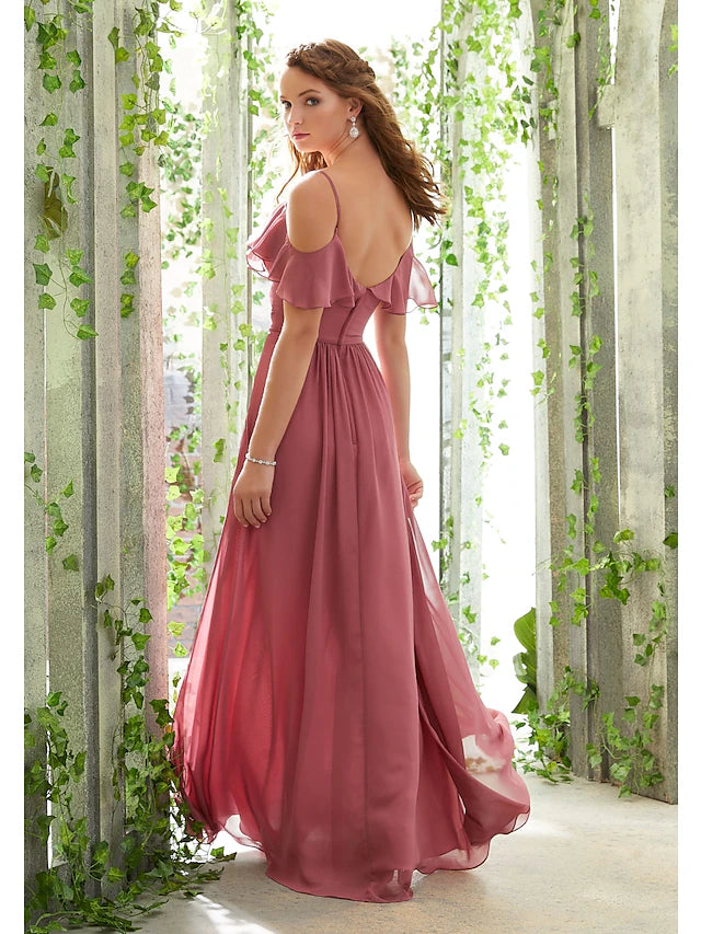 Side view of floor-length chiffon bridesmaid dress with ruffles.