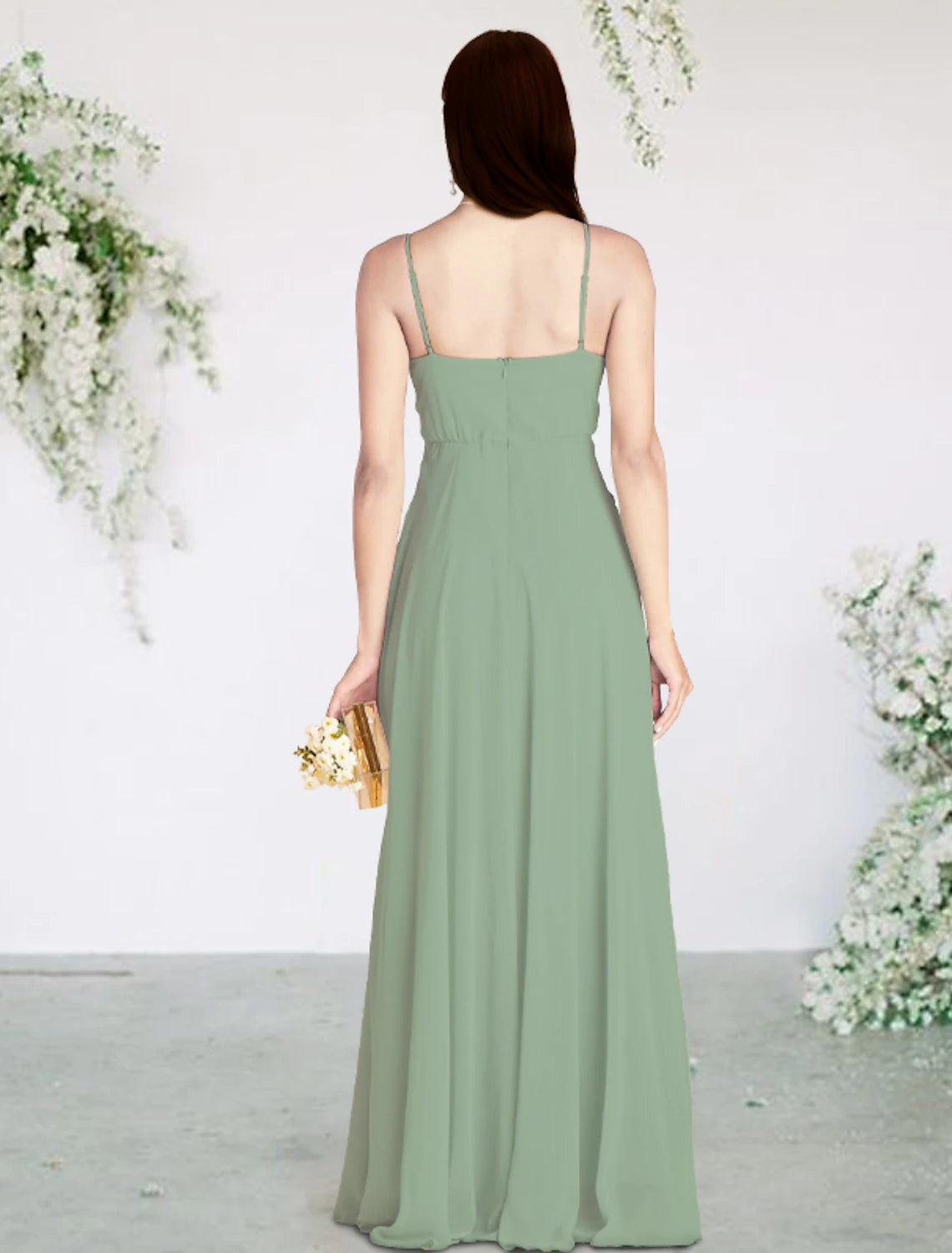 Back view of A-Line chiffon bridesmaid dress with delicate pleats.