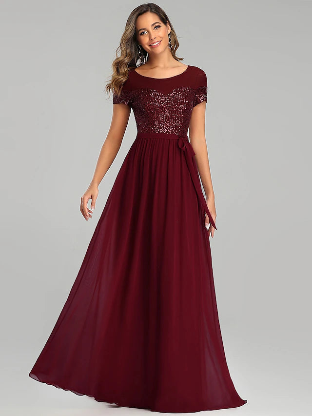 Elegant A-Line chiffon bridesmaid dress with jewel neck and short sleeves.