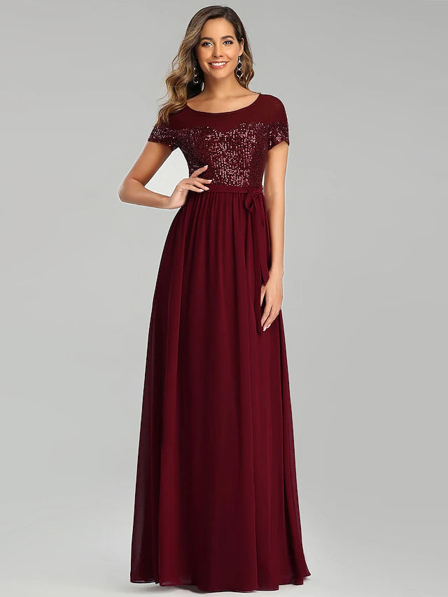 Back view of the A-Line bridesmaid dress showing floor-length silhouette.