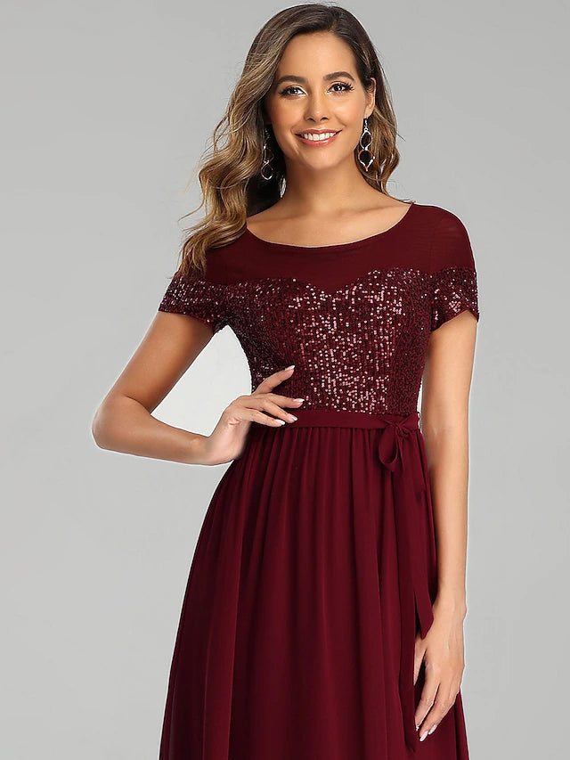 Side view of the elegant A-Line bridesmaid dress with flowing chiffon.