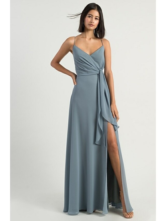 A-Line chiffon bridesmaid dress with spaghetti straps and open back.
