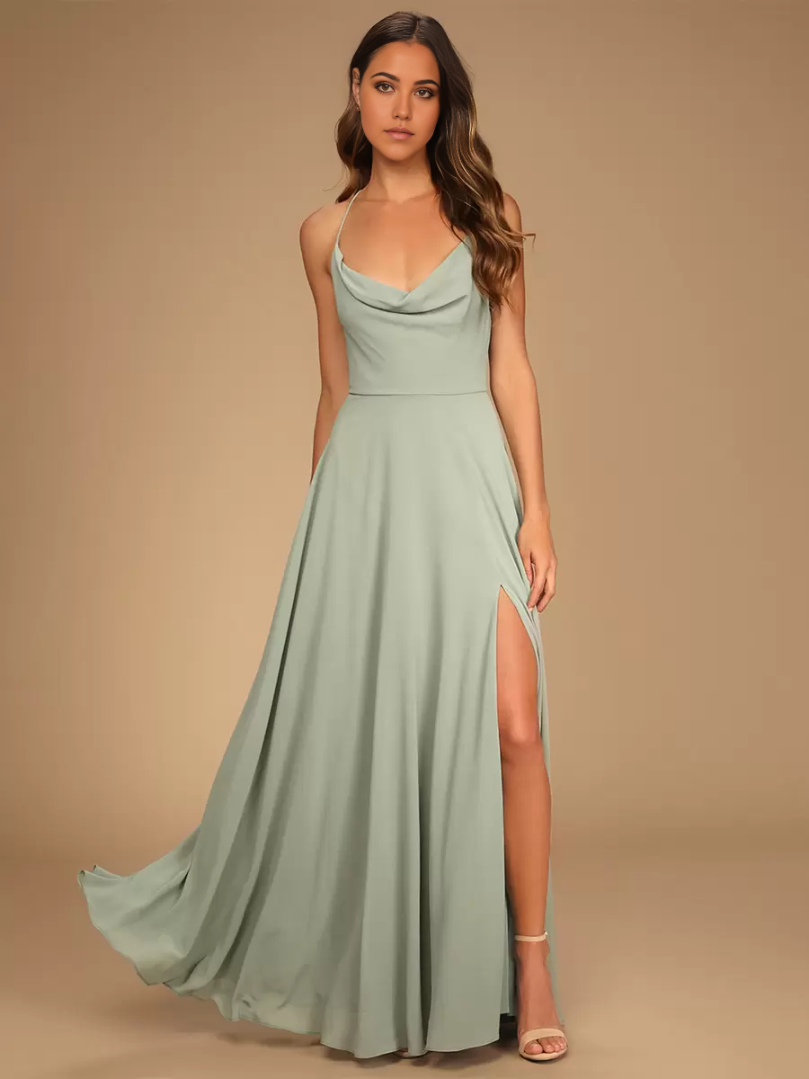 Elegant A-line chiffon bridesmaid dress with spaghetti straps and a high slit, front view.