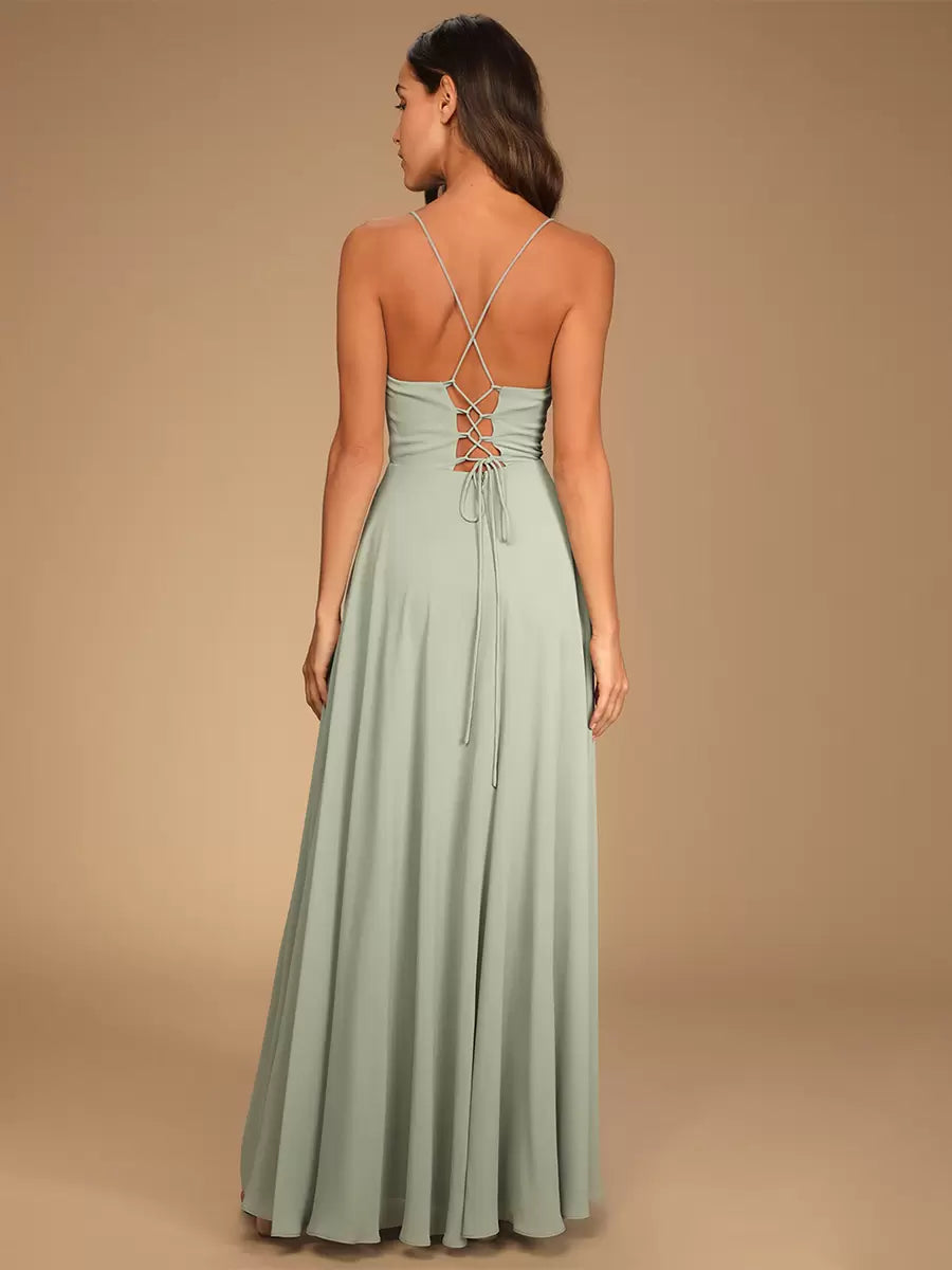Back view of the A-line chiffon formal dress, showcasing the flowing fabric.