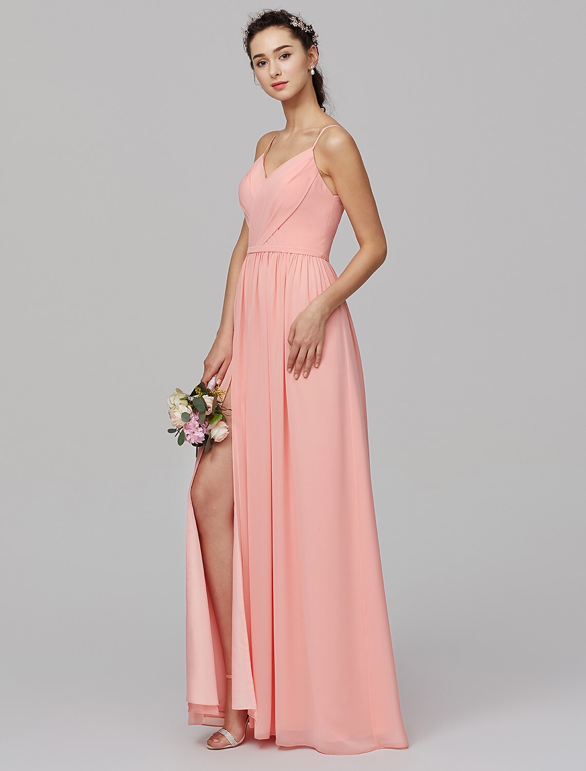 Side view of the A-line chiffon dress, highlighting the flowy skirt and split front.