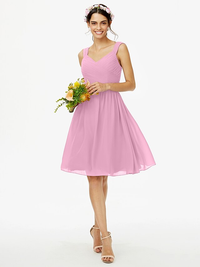 Side view of knee-length A-line chiffon bridesmaid dress.