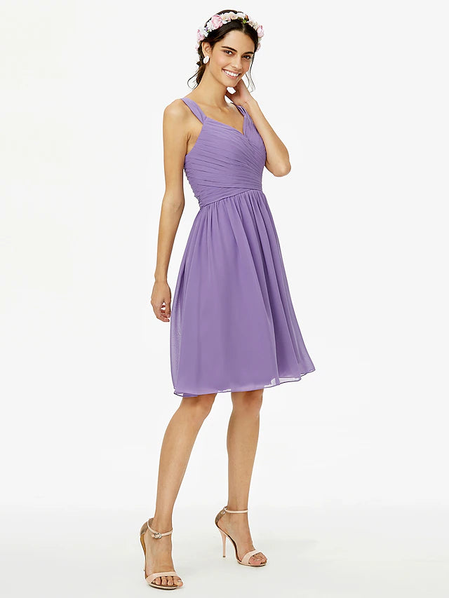 Full view of A-line chiffon bridesmaid dress with elegant drape.
