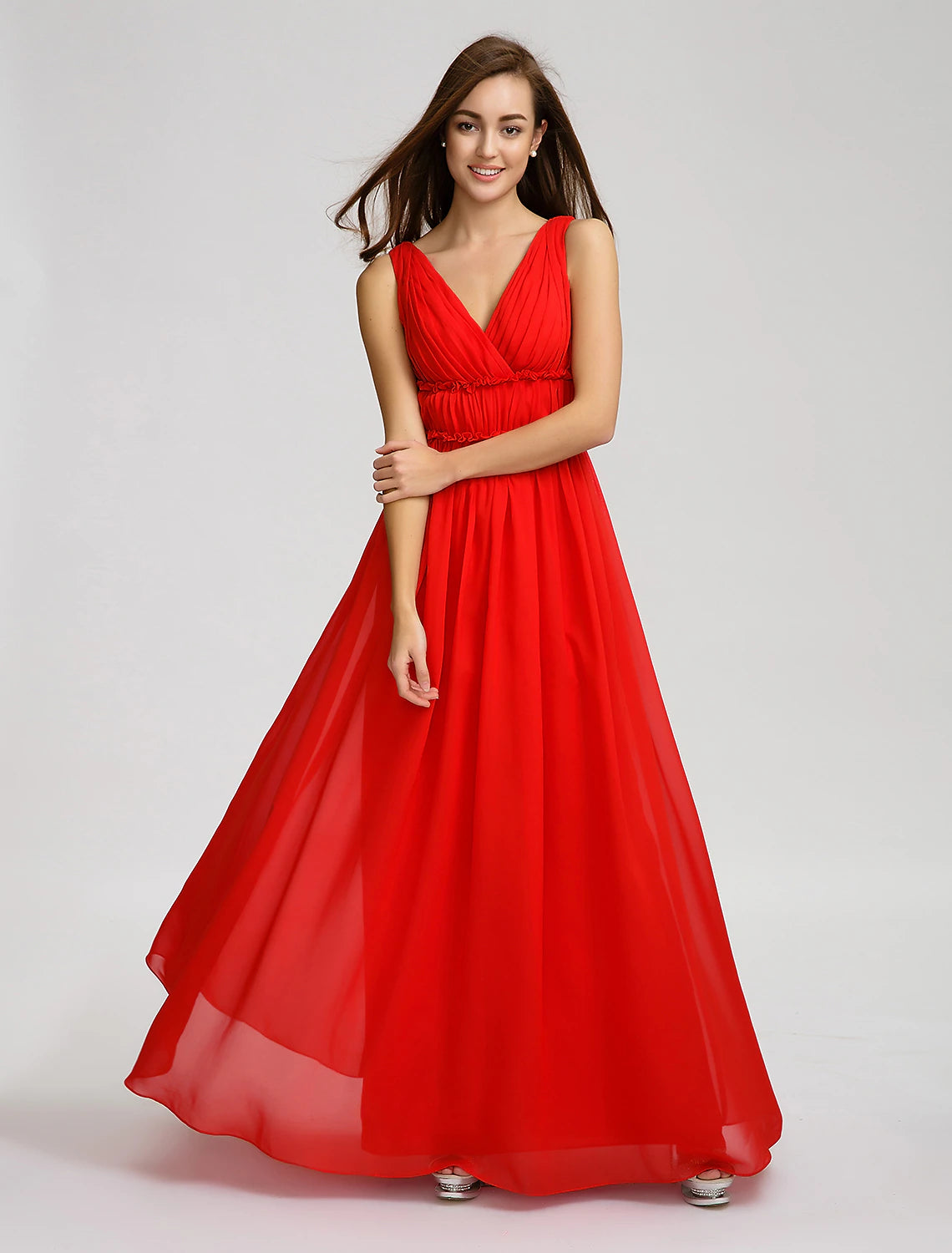 Model wearing an elegant A-line chiffon bridesmaid dress with V-neck and open back.