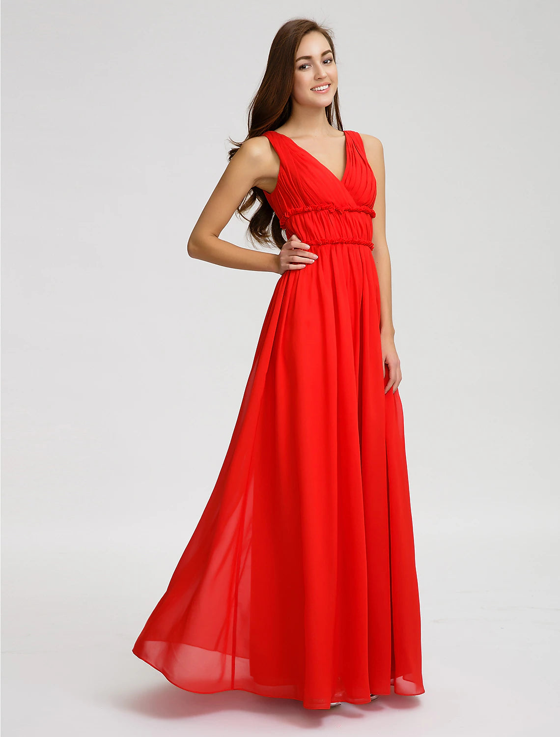 Close-up of the V-neckline and draped bodice of the chiffon bridesmaid dress.