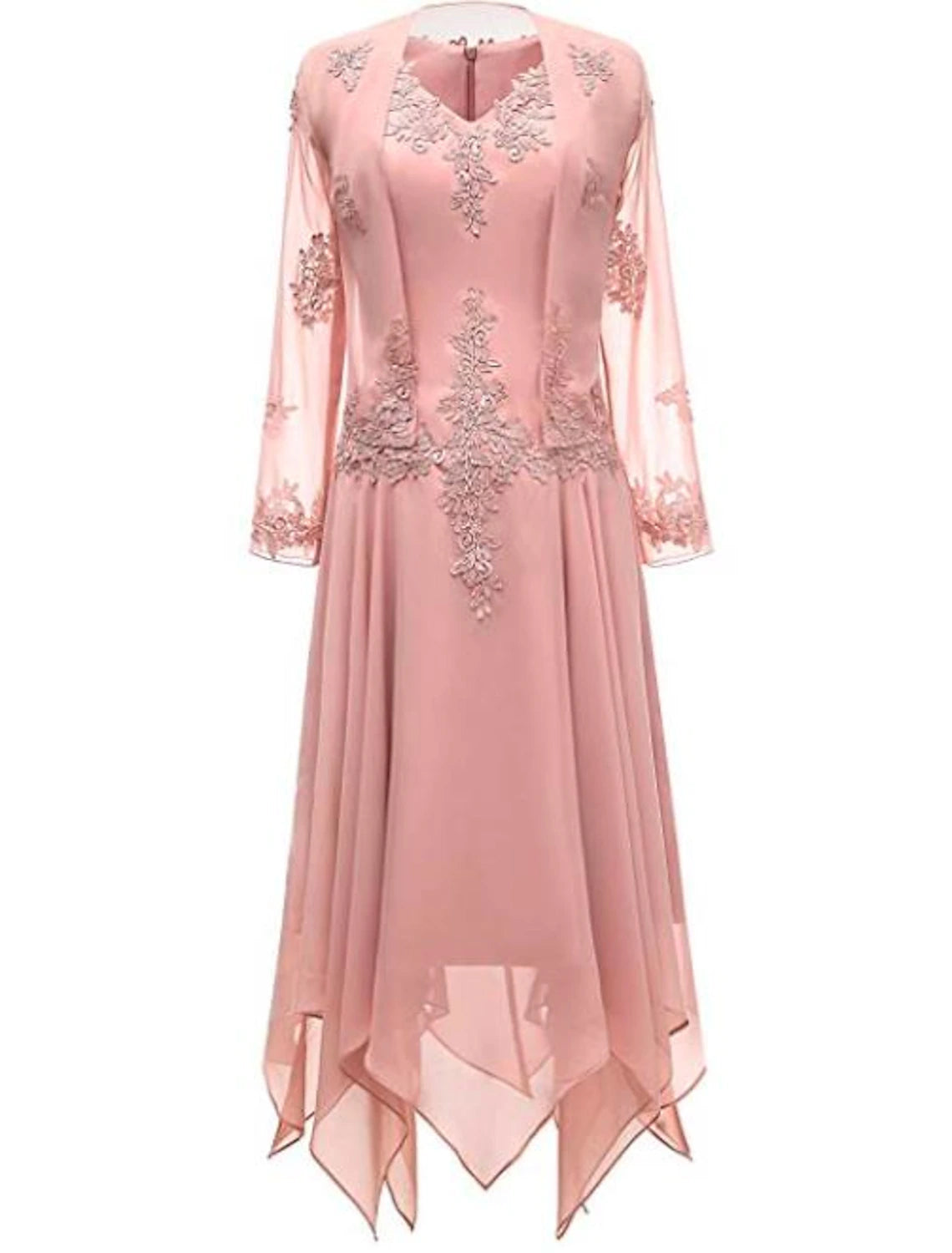 Elegant A-line chiffon dress with V-neck and 3/4 sleeves.