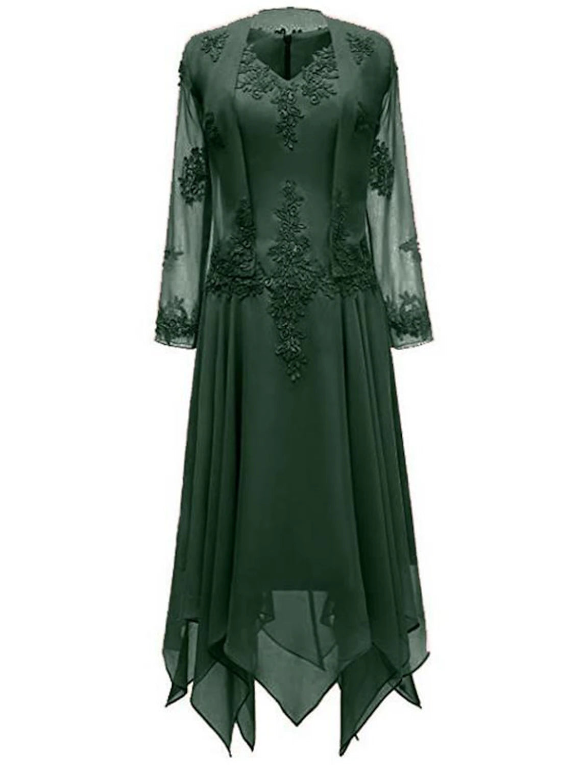 Side view of two-piece chiffon dress with wrap.
