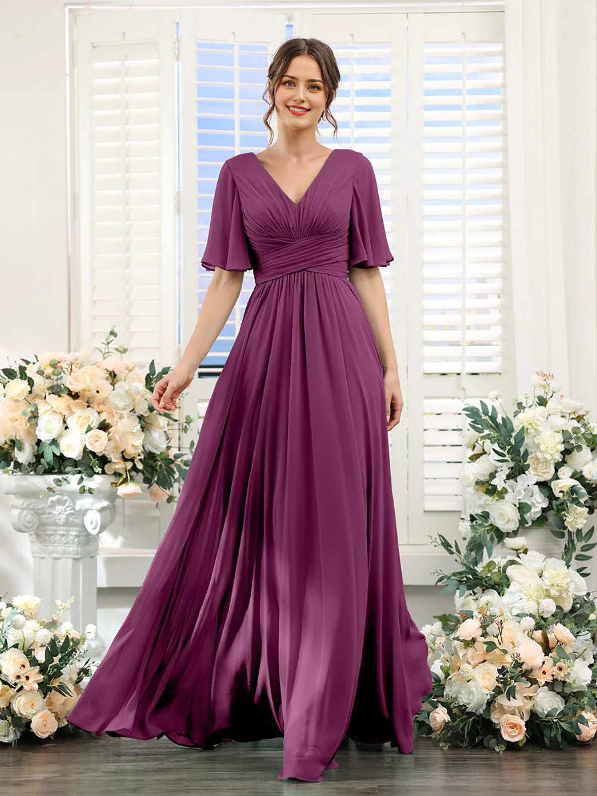 Beautiful A-line chiffon formal dress in orchid purple.