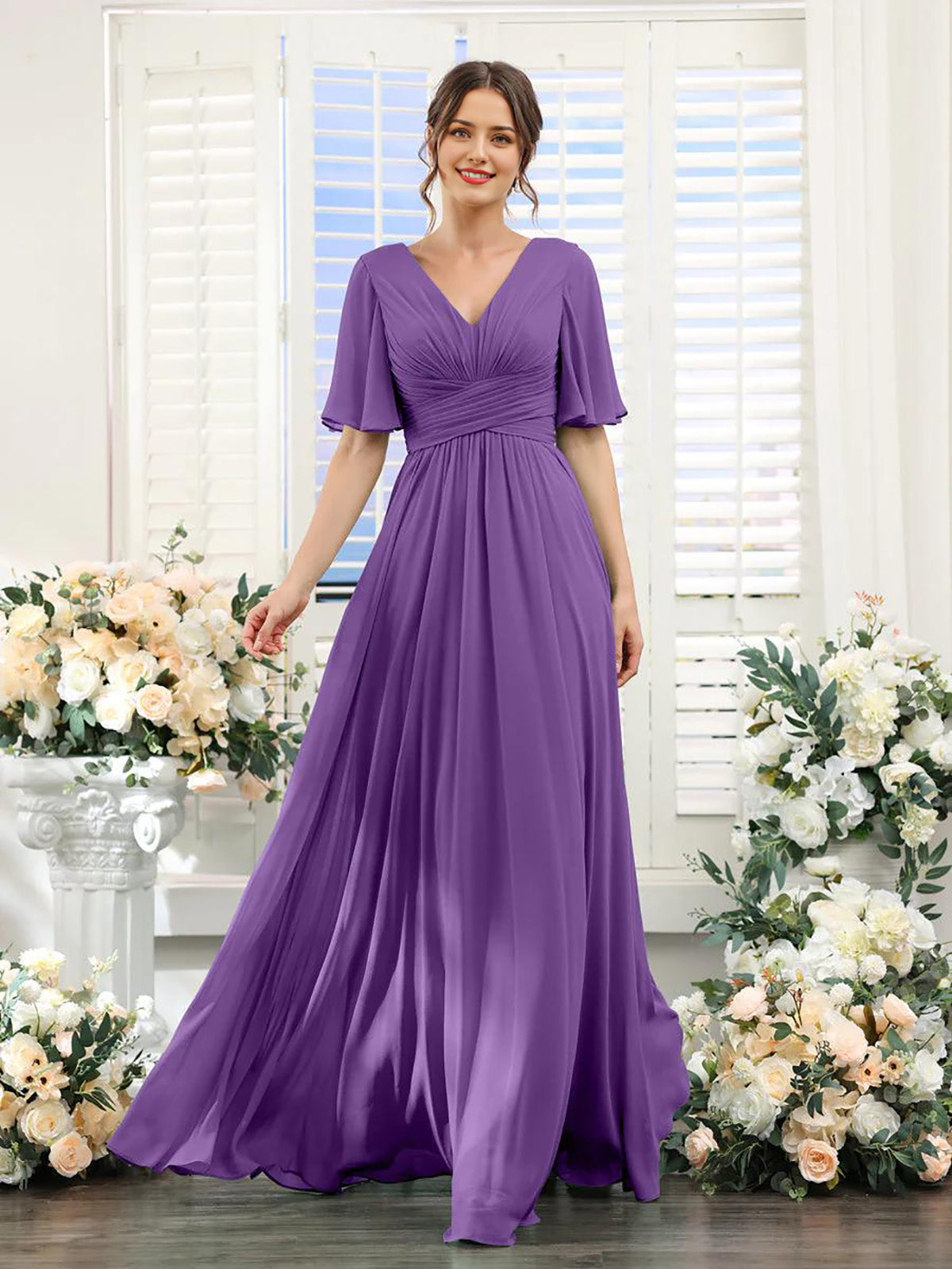 Sophisticated A-line chiffon formal dress in deep purple.