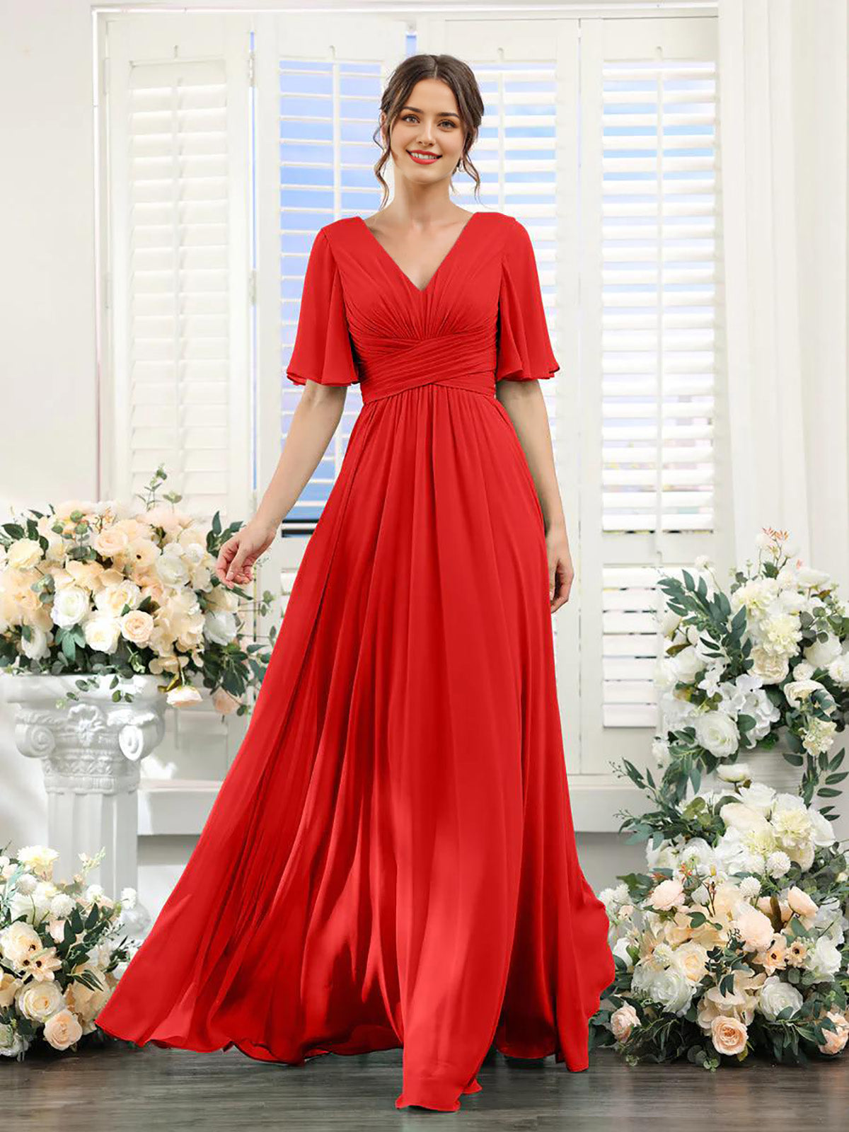 Stunning A-line chiffon formal dress in classic red.