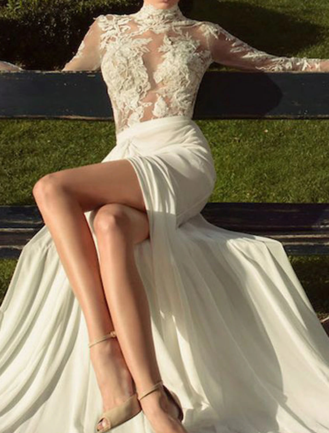 Back view of the A-line chiffon beach wedding gown, highlighting the high neck.