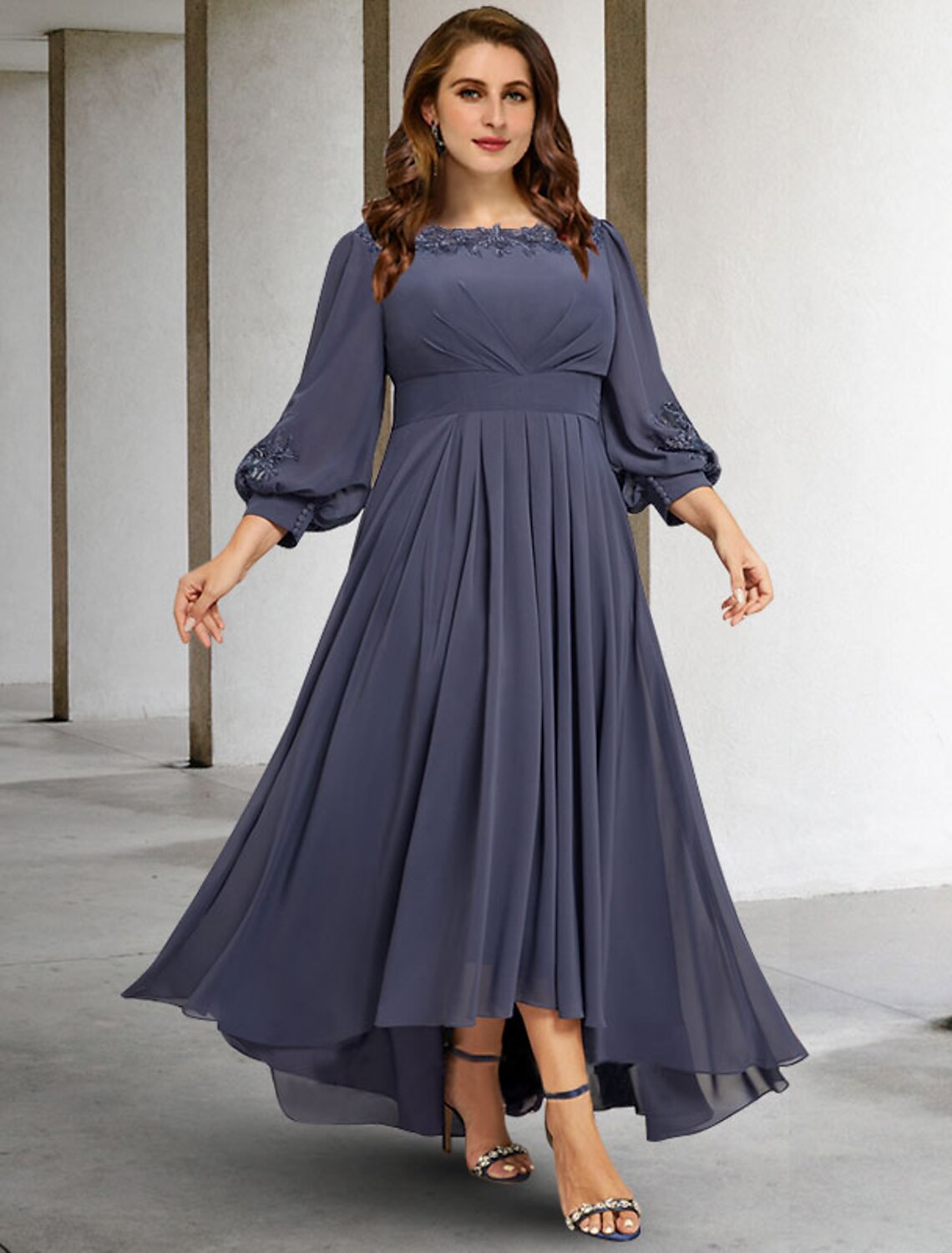Elegant plus size A-line chiffon mother of the bride dress with jewel neck and 3/4 sleeves.
