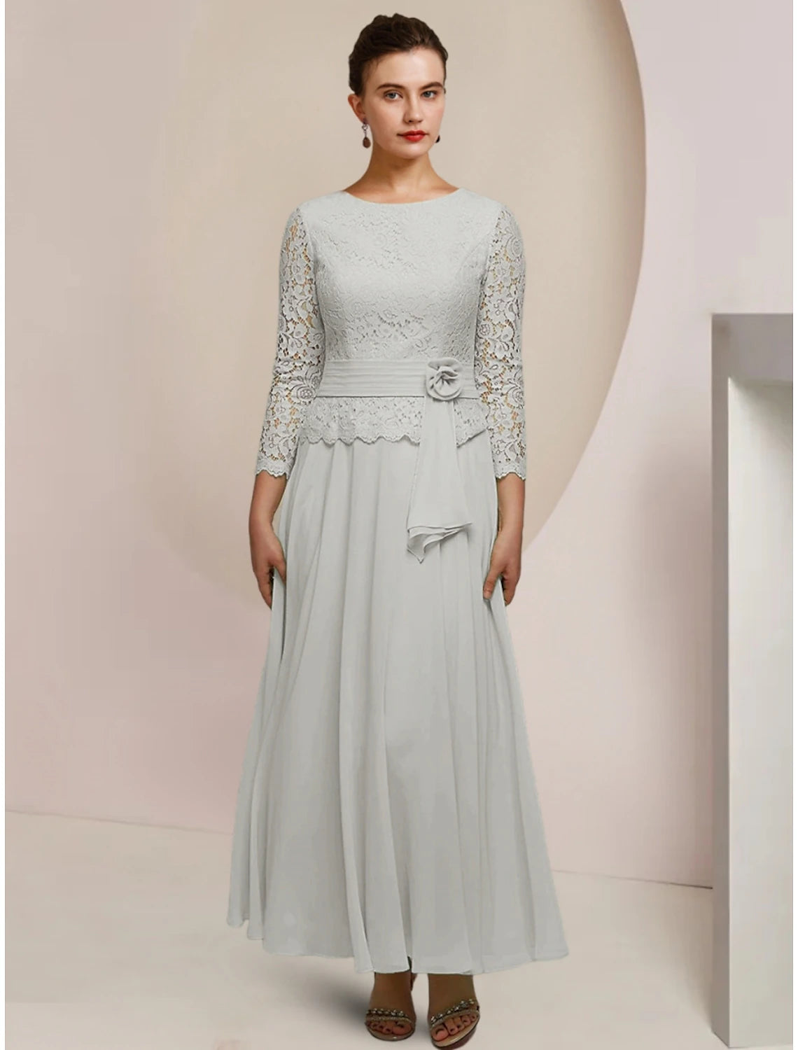 Elegant A-line chiffon Mother of the Bride dress with long sleeves.
