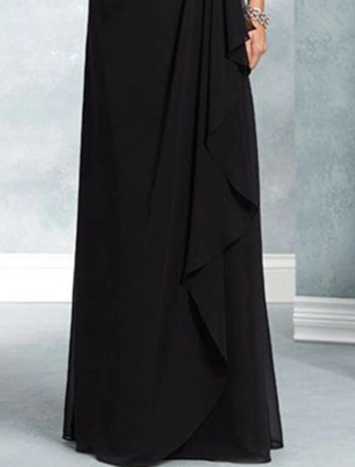 Front view of an elegant A-Line chiffon lace gown with 3/4 sleeves and jewel neck.