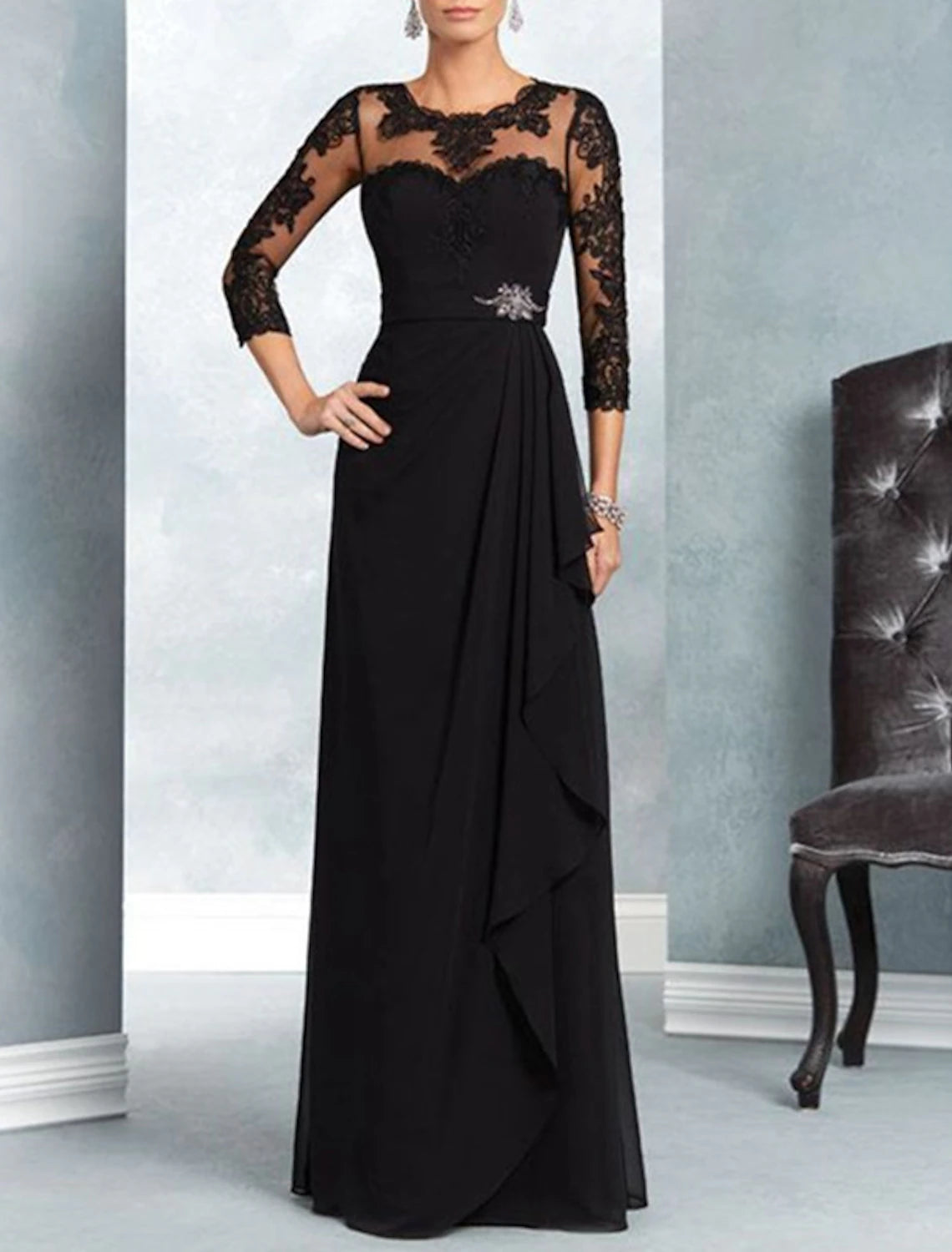 Side view of the elegant A-Line chiffon lace gown with 3/4 sleeves.