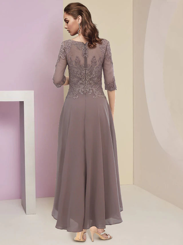 Side view of the high-low A-line Mother of the Bride dress, showing asymmetrical hem.