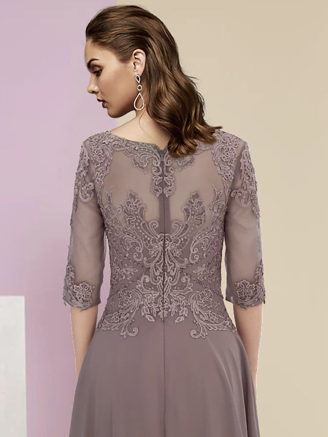 Back view of the chiffon lace Mother of the Bride dress with pleats.