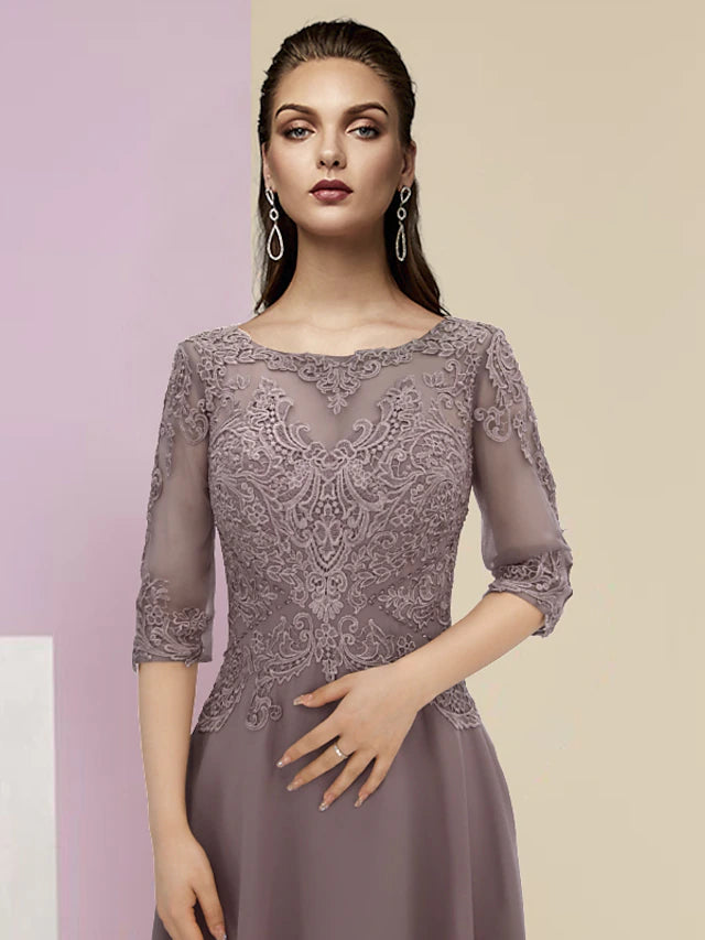 Full length view of the A-line Mother of the Bride dress, showcasing its elegant flow.