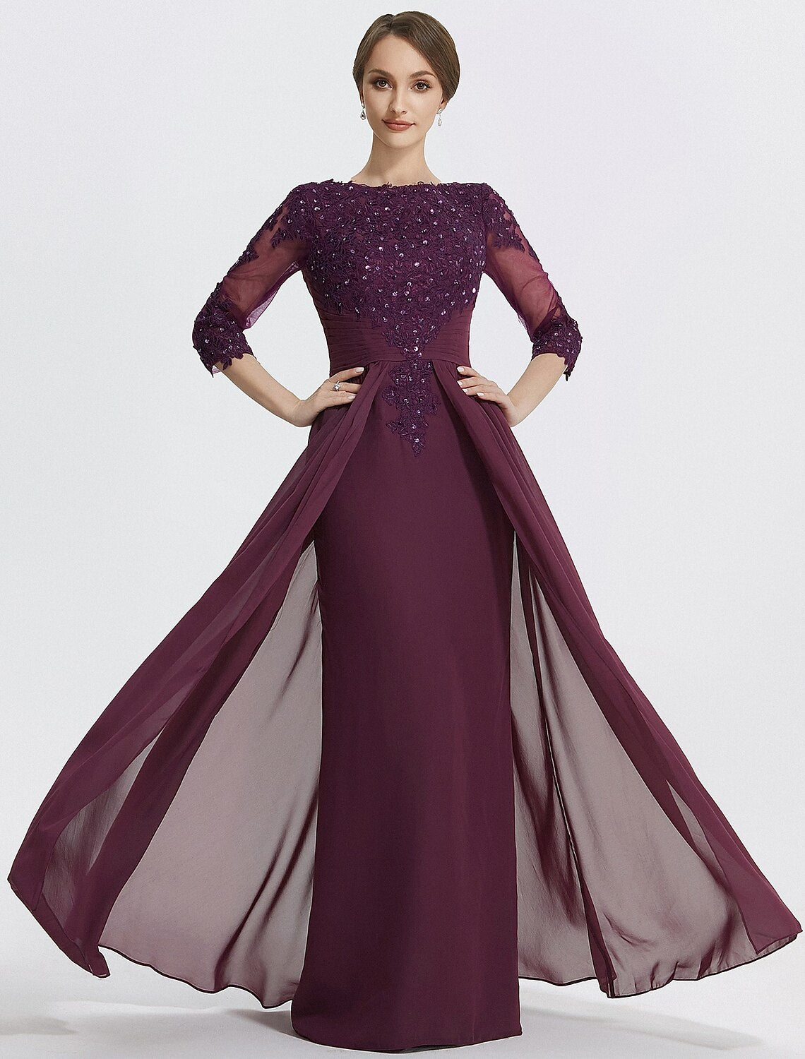Elegant A-line Mother of the Bride dress with jewel neck and 3/4 sleeves.