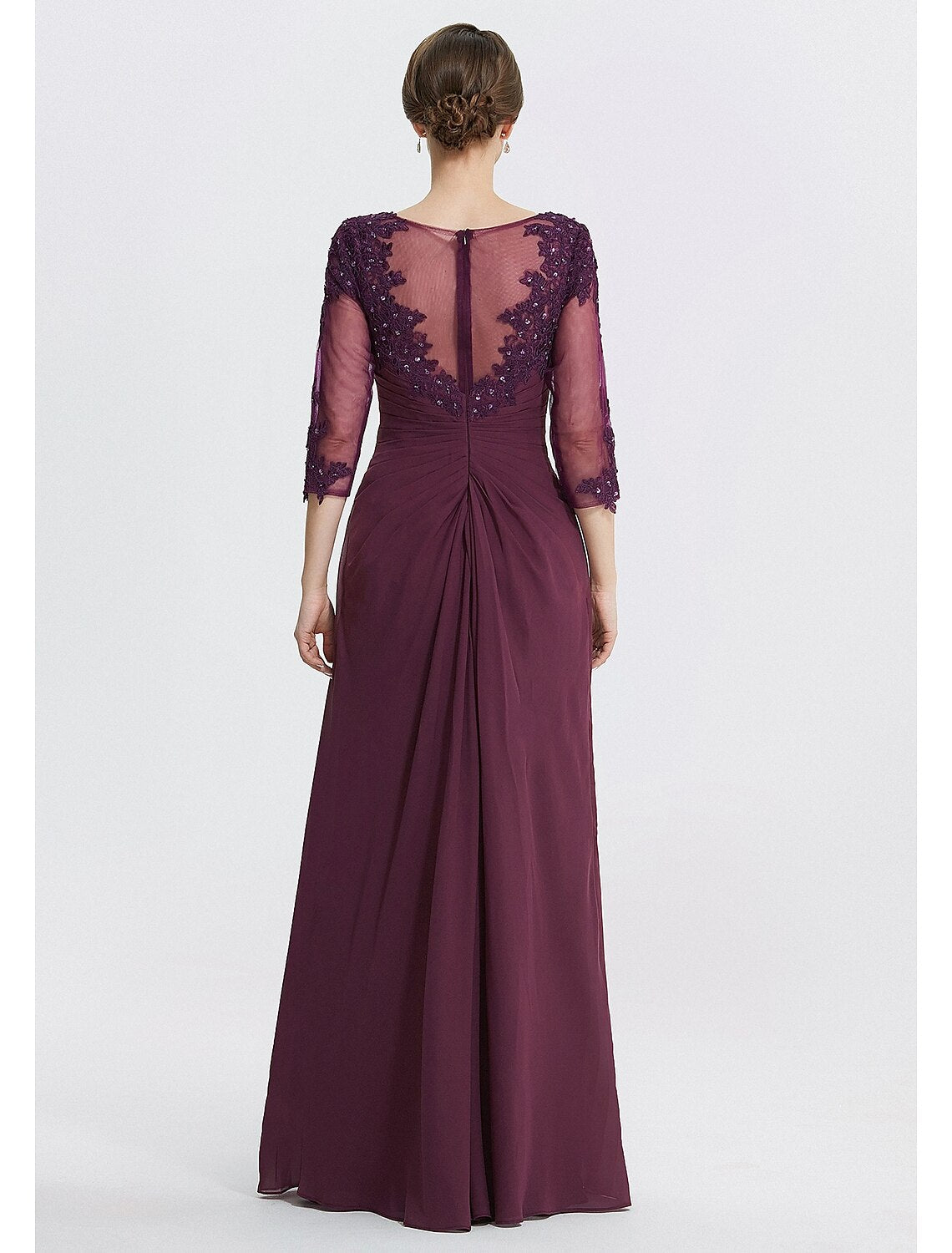 Side view of the chiffon lace floor-length formal gown.