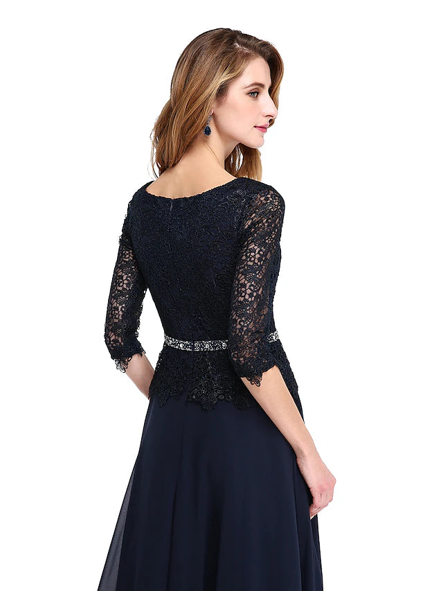 Side view of the elegant Mother of the Bride dress, showcasing the A-line silhouette.