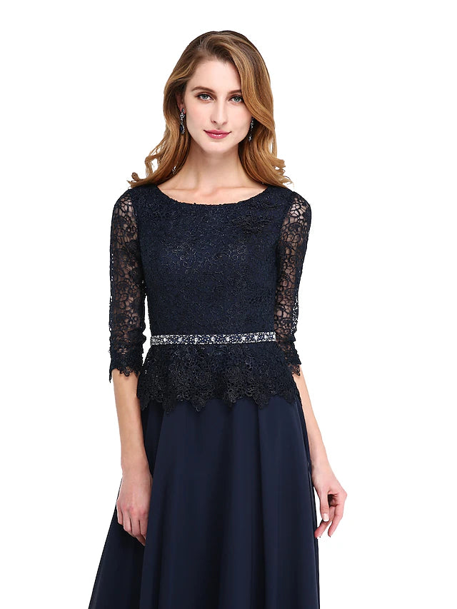 Front view of the Mother of the Bride gown with jewel neckline and beading.
