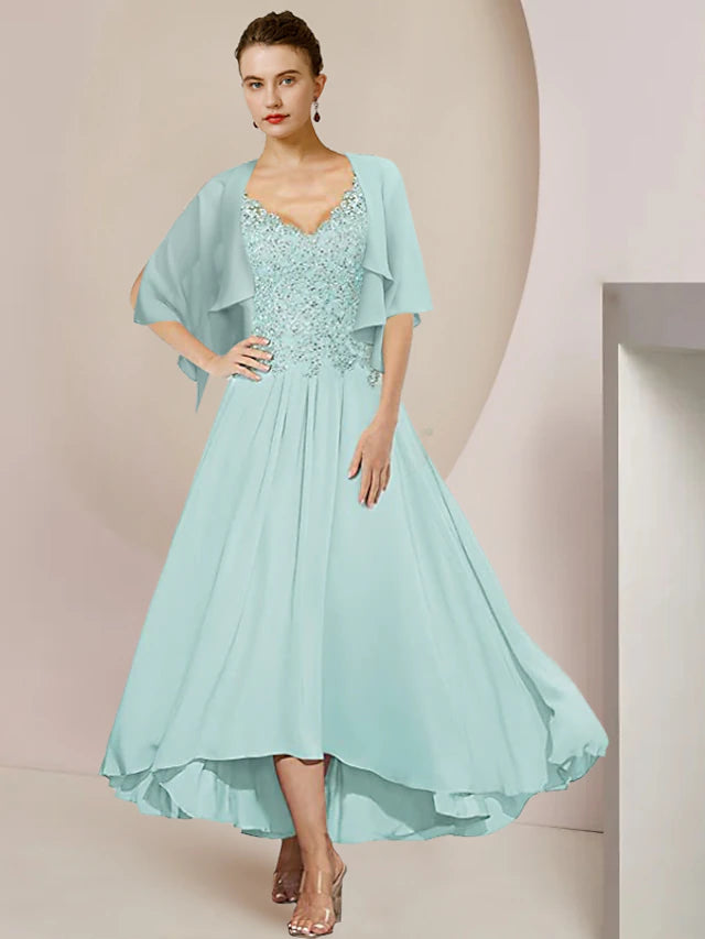 Elegant two-piece A-line Mother of the Bride dress with V-neck and 3/4 sleeves.