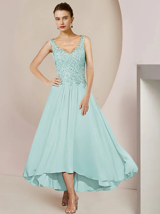 Side view of the A-line tea length dress, highlighting the high-low asymmetrical hem.